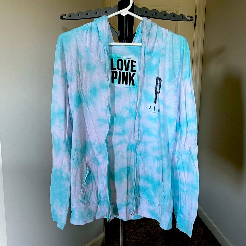 PINK Victoria's Secret Light Blue & White Tie-Dye Zip Hoodie